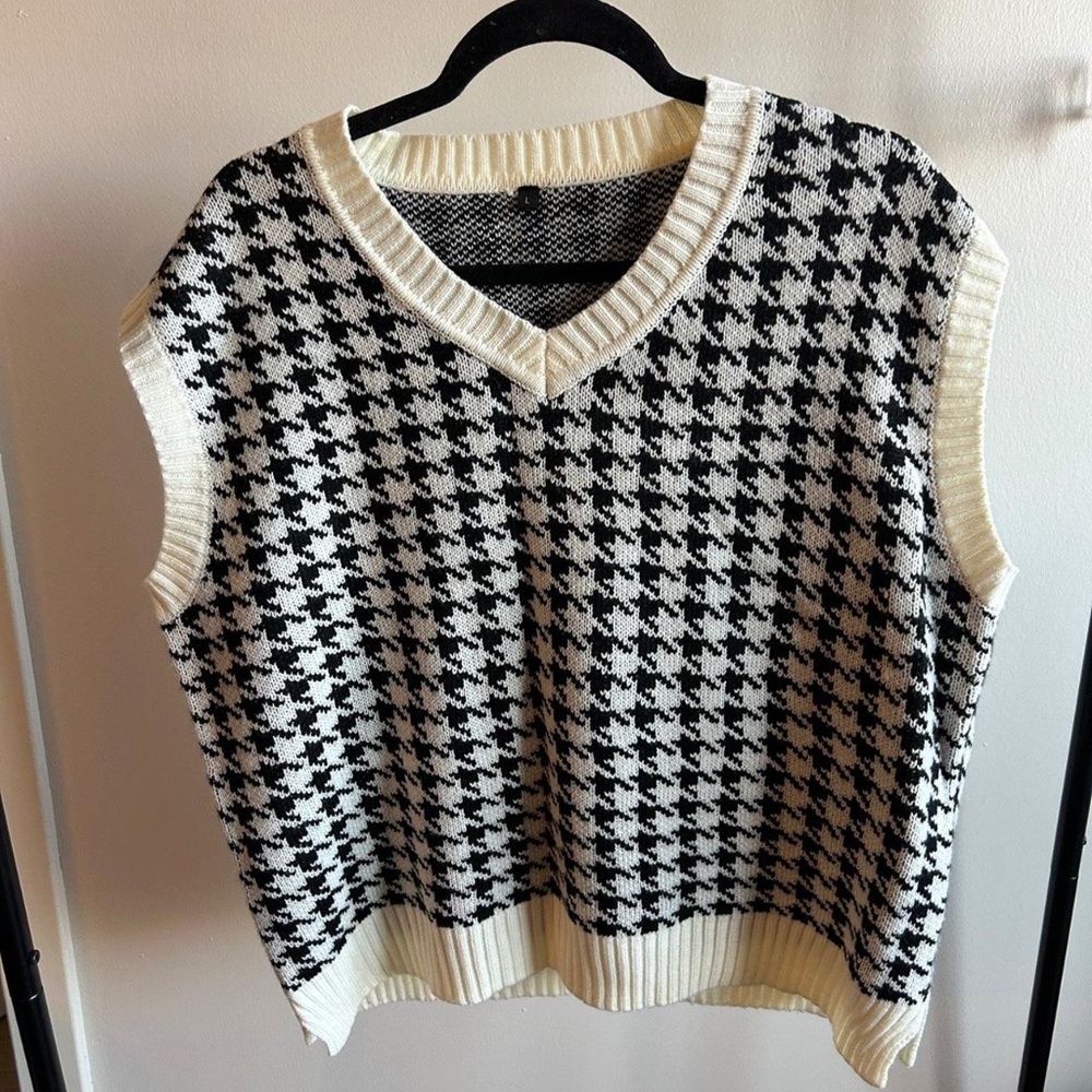 Black and White Houndstooth Sweater Vest